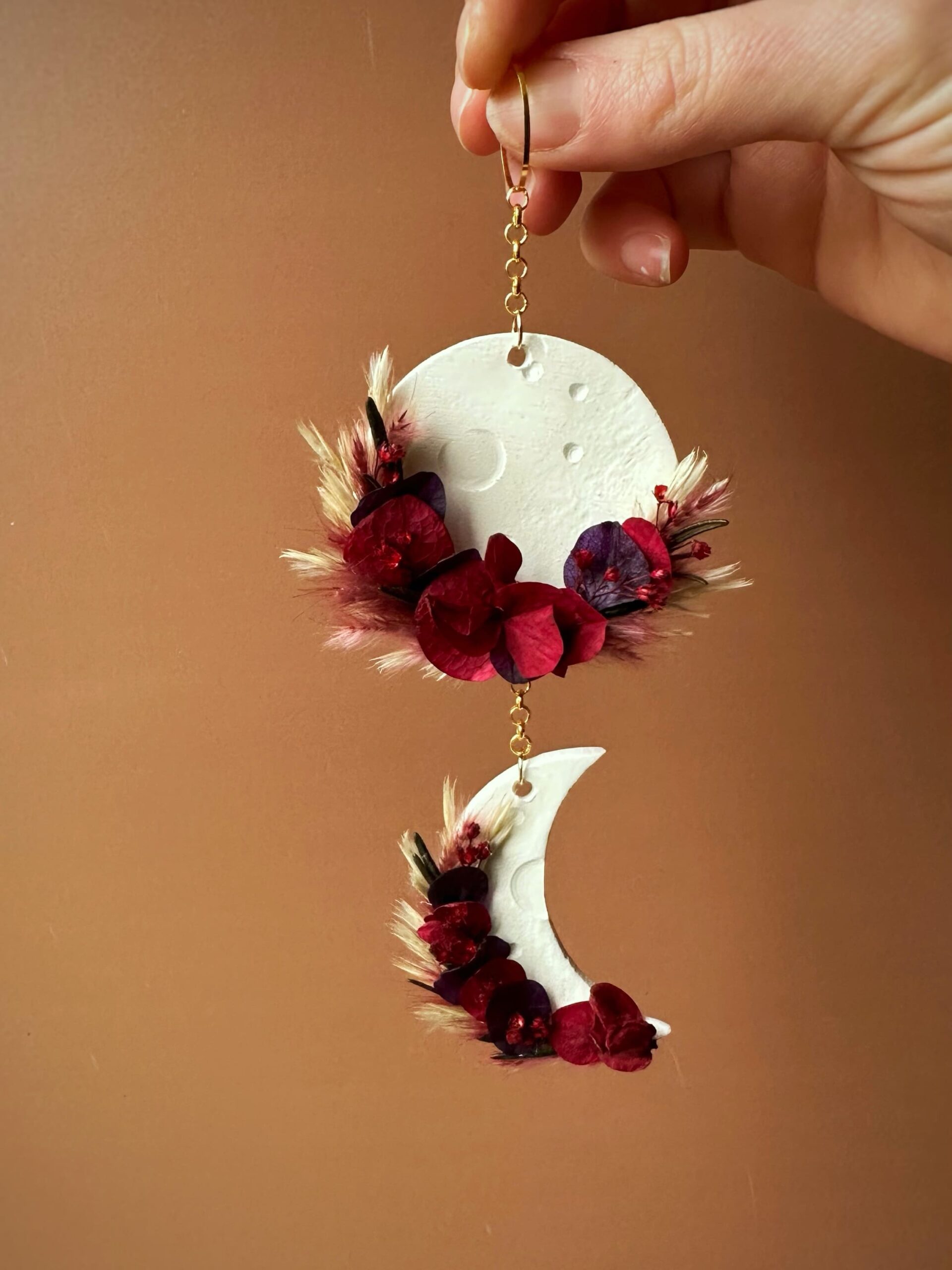 Halo - Mini Suspension 2 lunes en fleurs séchées et stabilisées et argile