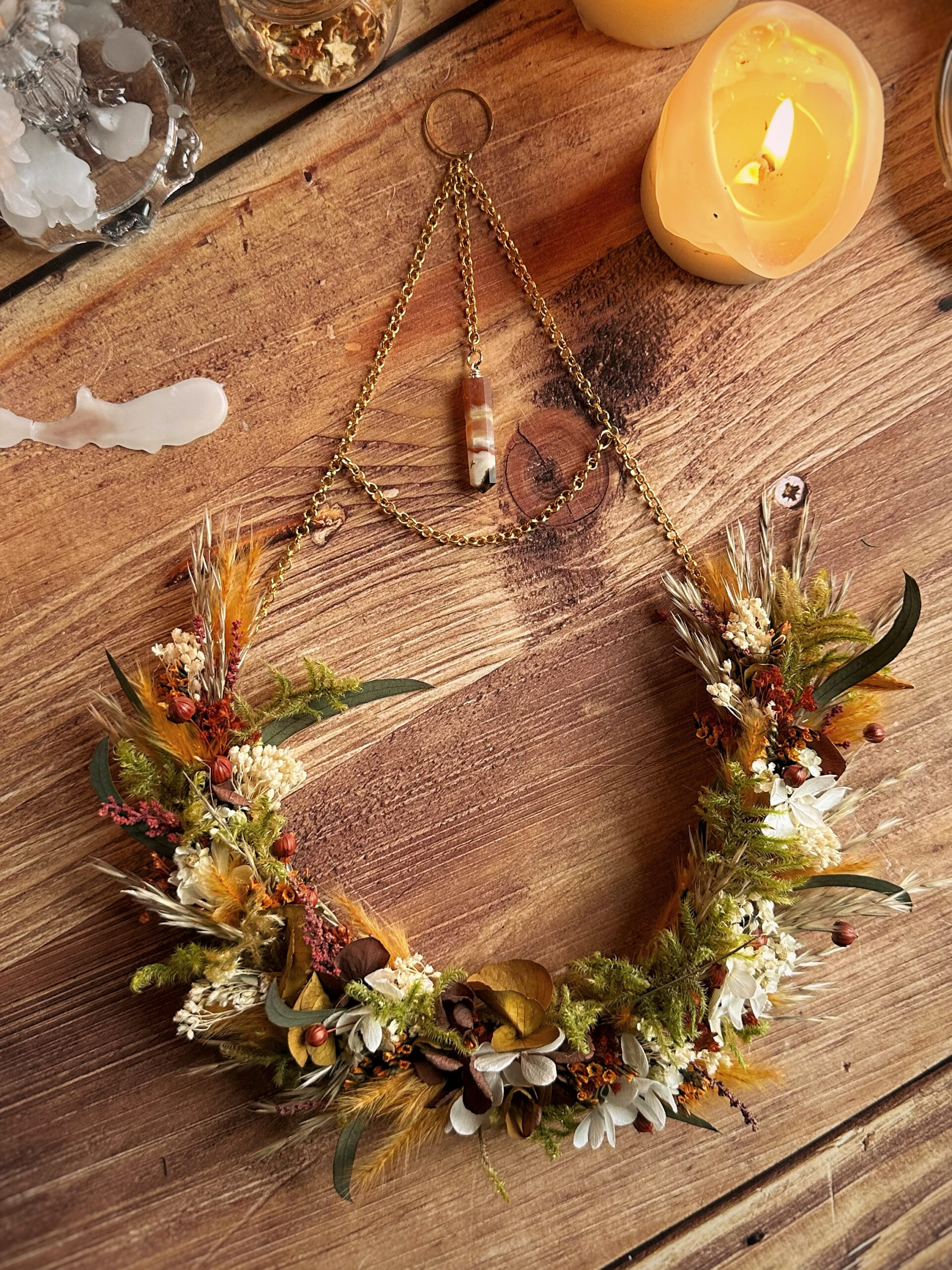 Mabon - Suspension en fleurs séchées et stabilisées, et Sardonyx